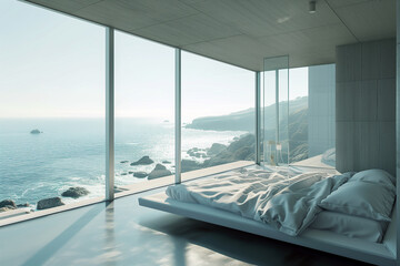 Fototapeta premium Minimalist bedroom interior with ocean sea view