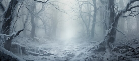 Frosty forest path cleared in winter fog. - obrazy, fototapety, plakaty