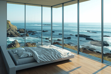 Minimalist bedroom interior with ocean sea view