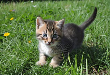 Naklejka na ściany i meble little kitten playing on the grass close up
