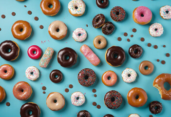 Variety of donuts on light blue backdrop
