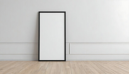 Blank-vertical-black-poster-frame-standing-on-light-wooden-floor-with-next-to-white-wall--Blank-poster-frame-mockup--Empty-picture-frame-mockup--Vertical-frame-mock-up--Blank-photo-frame--3d-rendering