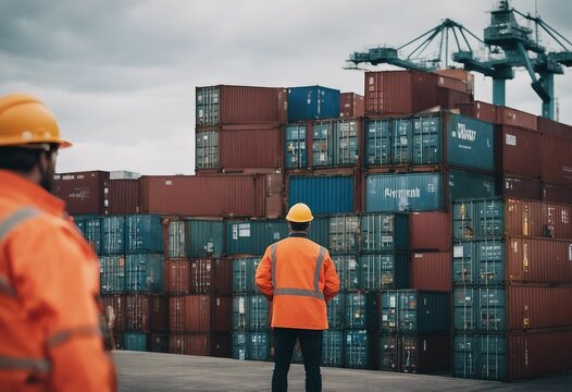 Dockworkers at the port looks at the containers