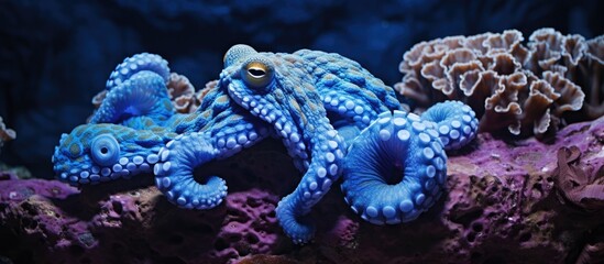 Camouflaged blue-ring octopus atop hard coral.