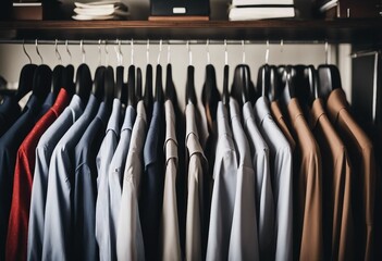 Clouse up men shirts in various colors hanging neatly in the closet