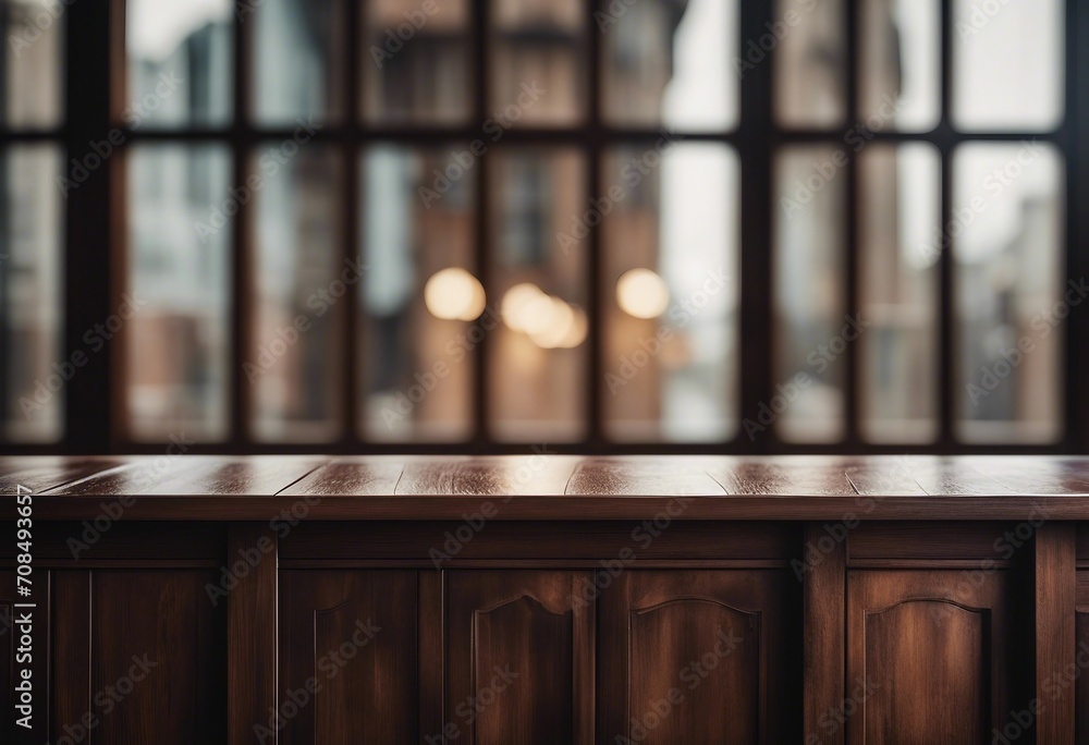Aufkleber empty dark wooden counter in front of a window in the style of bokeh panorama