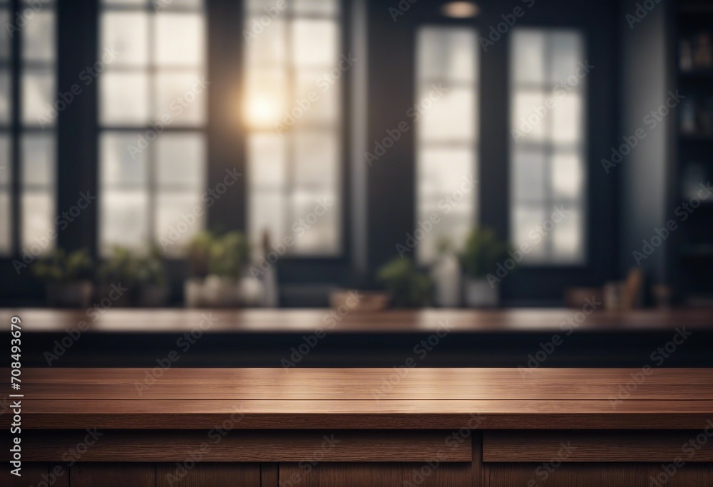 Poster empty dark wooden counter with a window in the style of bokeh panorama
