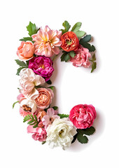 big letter C decorated with flowers isolated on white background