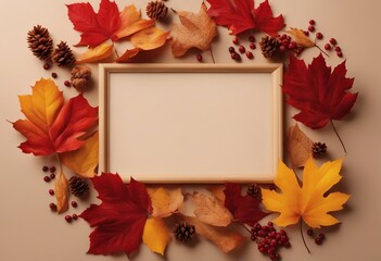 Frame of colorful red and yellow autumn leaves with cones and rowan berries on trendy beige background