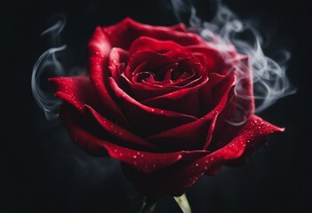 Red rose wrapped in smoke swirl on black background  close up. Gesture of love for Valentine's day