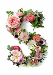 big letter S decorated with flowers isolated on white background