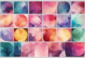 Watercolor paint circles in squares Pink blue yellow orange red green colors