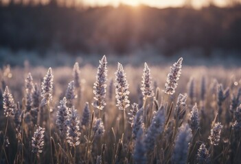 Snowflakes frost on grass with brown lupine herbs and wheat field