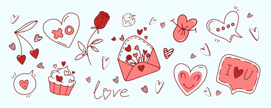 Set of handdrawn hearts and love elements in line  style for Valentine's Day. Outline doodle love theme set, romance. Cute design for cards, banners, flyers, invitation, blog, wrapping paper, prints.