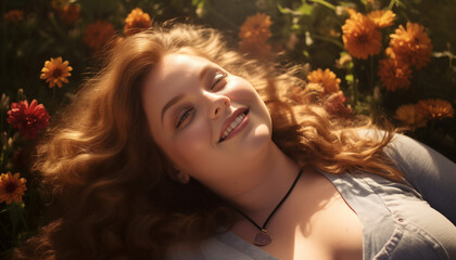 Fototapeta premium A gourgeous red-haired curvy girl lying on the grass surrounded by flowers