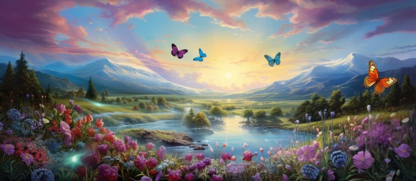 Beautiful, vibrant butterflies float amidst blue and purple flowers, surrounded by a green natural landscape, under an open sky with a shining sun.