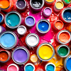 Various color paints in paint buckets, thick and colorful paints. High quality, can be used as background or texture