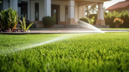 Landscape automatic garden watering system with different rotating sprinklers installed on turf. Landscape design with lawn and fruit garden irrigated with smart autonomous sprayers at sunset time - obrazy, fototapety, plakaty