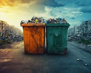 Naklejka premium Environmentally Beneficial Concept for Waste Collection, Dual Halves Background Showing Different Waste Management Scenarios, Eco-Friendly Concept for Responsible Waste Collection and Society