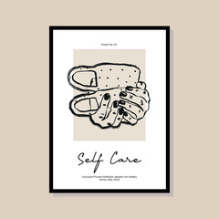 Woman hands with a cup silhouette. Minimal bohemian illustration for poster design, banners, brand identity, packaging interior design