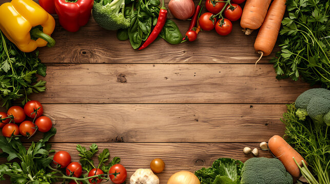 Fresh organic vegetables hand-picked from farm, on wood table with copy space for text
