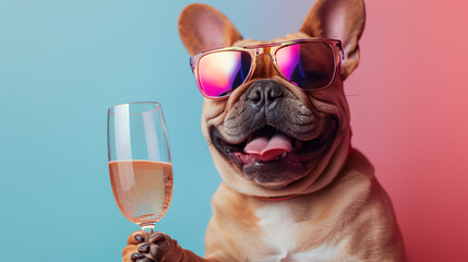 A brown french bulldog wearing iridescent sunglasses and holding a glass of champagne. Celebrating or happy birthday concept
