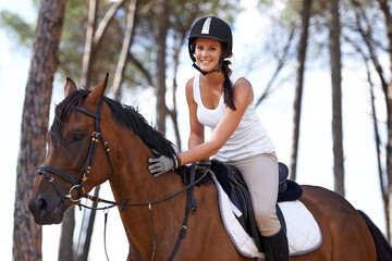 Portrait, horse riding or equestrian in nature or countryside with rider or jockey for recreation...