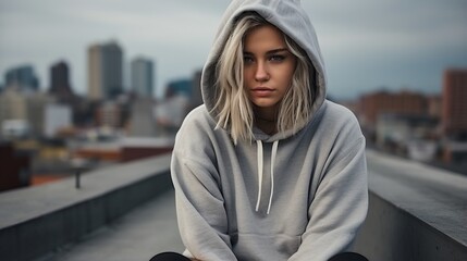 Portrait of a Young Woman in a Grey Hoodie - obrazy, fototapety, plakaty