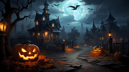 Spooky halloween cartoon pumpkin jack o lantern heads in front of a graveyard with spooky buildings in the background lit up by full moon. Generative AI