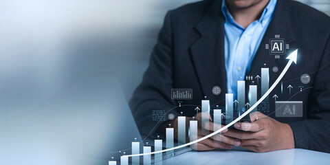 Businessmen analyse corporate growth, future business growth arrow graph, development to meet...