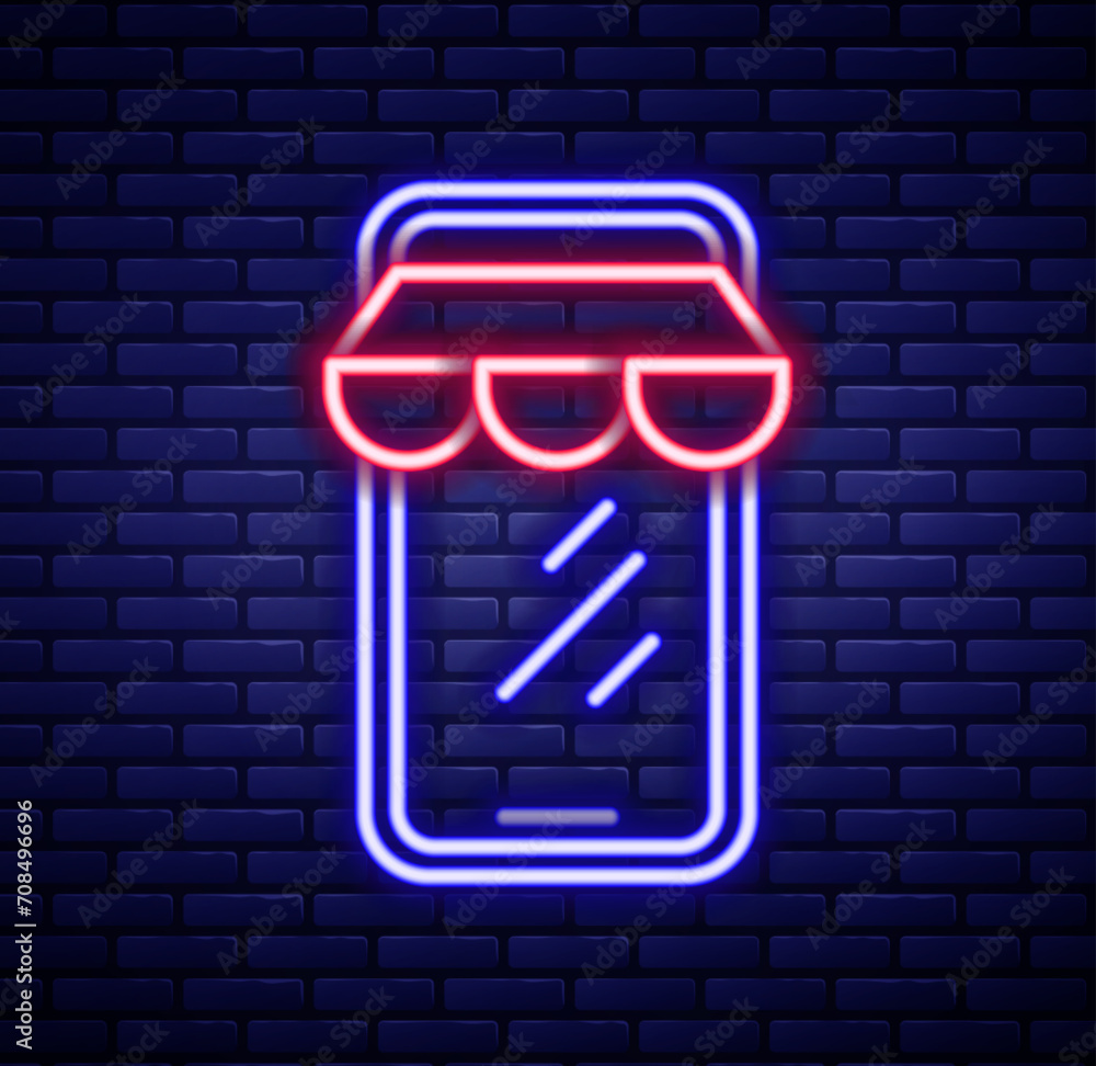 Wall mural Glowing neon line Online shopping on mobile phone icon isolated on brick wall background. Internet shop, mobile store app and payments billing. Colorful outline concept. Vector