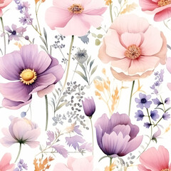 Watercolor seamless pattern with spring wildflowers and leaves on white background. Valentines, Women's and Mothers day. Romantic floral print for card, banner, textile, fabric, paper