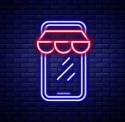 Glowing neon line Online shopping on mobile phone icon isolated on brick wall background. Internet shop, mobile store app and payments billing. Colorful outline concept. Vector