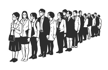 Illustration of people, passengers waiting, standing in line in black and white