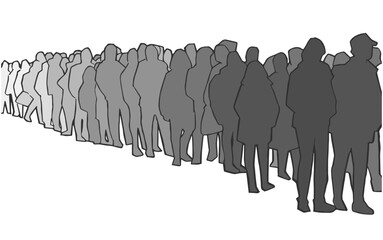 Illustration of people, passengers waiting, standing in line in black and white