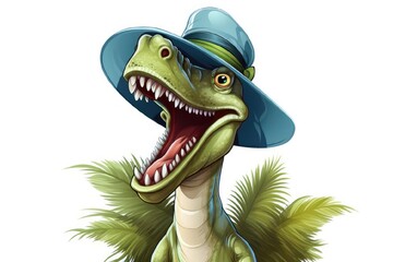 Illustration of dinosaur wearing a summer hat on a white background.