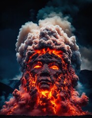 Un volcan en éruption avec un visage humain dans la lave qui coule - generative AI