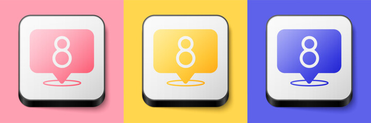 Isometric 8 March icon isolated on pink, yellow and blue background. International Happy Women Day. Square button. Vector