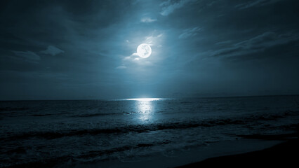 Full moon over the sea. Beach night landscape - obrazy, fototapety, plakaty
