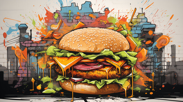 illustration of burger with colorful splash on dark background