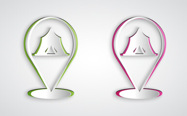 Paper cut Circus tent icon isolated on grey background. Carnival camping tent. Amusement park. Paper art style. Vector