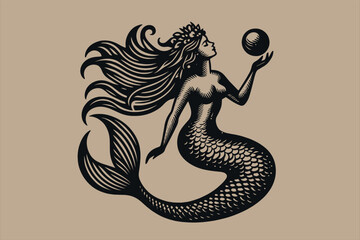 Beautiful mermaid holding a pearl in her hands. Engraving vintage vector illustration, monochrome black color. Woodcut	