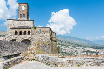 Fototapeta na wymiar The clock tower of Gjirokastra castle in albania