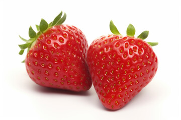 Two fresh strawberries with green stems and leaves isolated on a white background, showcasing their vivid red color and seed detail.