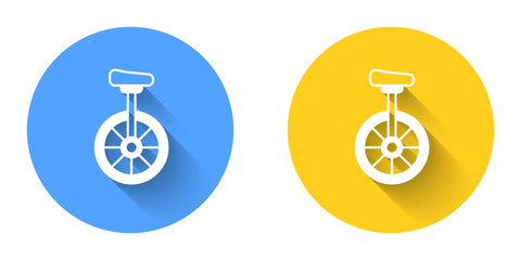 White Unicycle or one wheel bicycle icon isolated with long shadow background. Monowheel bicycle. Circle button. Vector © Iryna