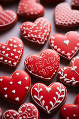 valentine day background with red heart shaped sugar cookies 