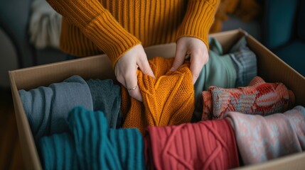 Close-up of hand young woman folding her clothes and packing them in paper box.