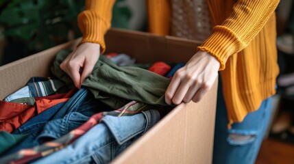 Obraz premium Close-up of hand young woman folding her clothes and packing them in paper box.