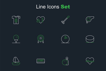 Set line Heart rate, Bowling pin and ball, Ribbon finishing line, Yacht sailboat, Hockey puck, Target sport and Golf tee icon. Vector