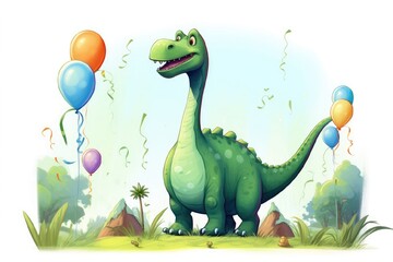 Illustration of cute dinosaur with colorful balloons. Greeting birthday card, poster, banner for children.